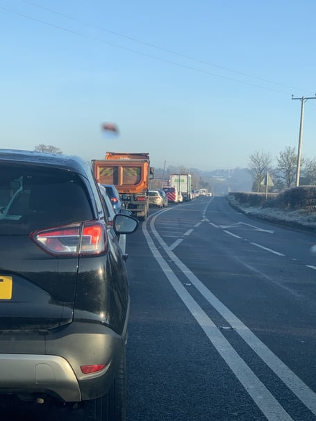 Traffic on the A48 approaching Pwllmeyric Hill