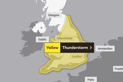 Yellow weather warning (thunder) which covers England and Wales