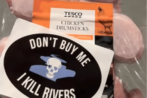 Stickers for Tesco poultry issued by River Wye campaigners