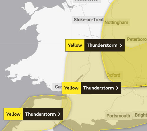 A map of Wales and West England with parts covered by yellow weather warnings