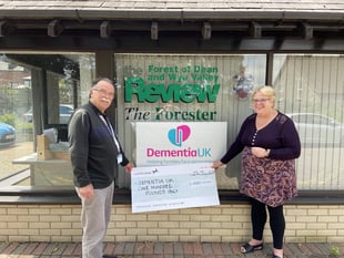 Forester and Review team present cheque to Dementia Uk's Ken Vowles