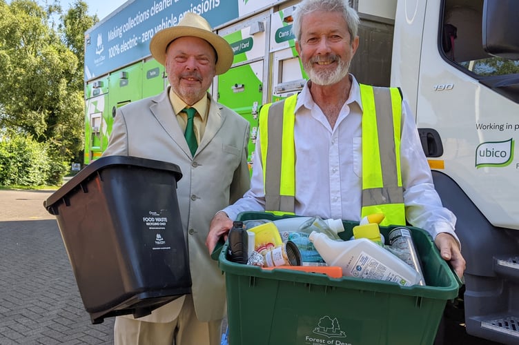 Councillor Andy Moore, Cabinet Member for Finance (including waste and recycling), and Councillor Chris McFarling, Cabinet Member for Climate Emergency, Forest of Dean District Council, stood beside one of the new RQ-E Romaquip recycling vehicles