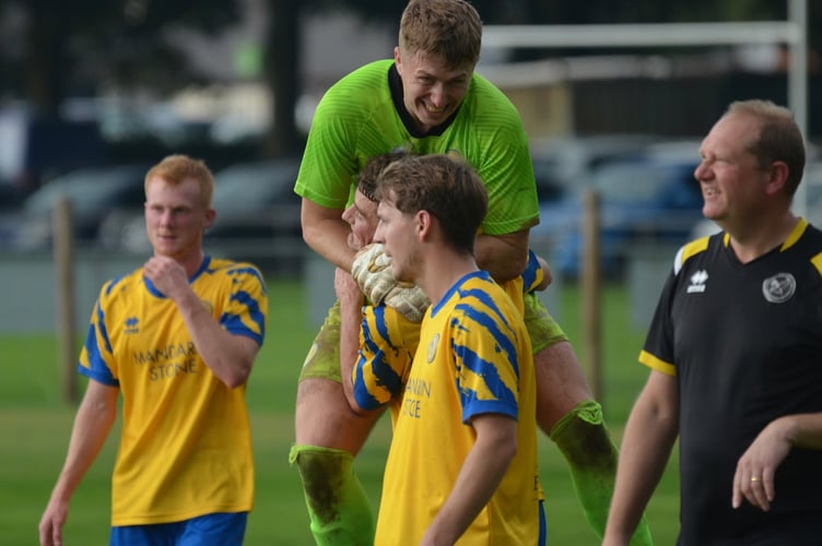 Goalkeeper Dan Keane celebrates after Monmouth Town's Welsh Cup upset. Photos: Hayden Morris