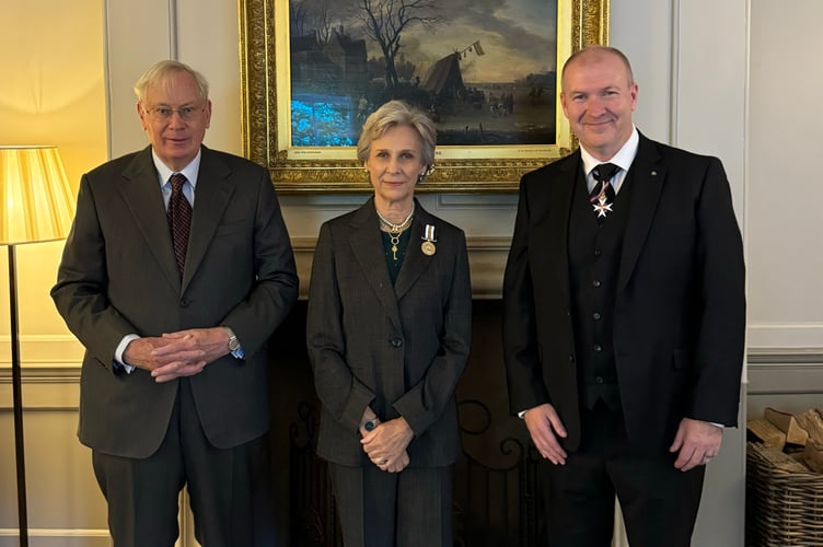 Their Royal Highnesses The Duke and Duchess of Gloucester are pictured with Paul Griffiths OBE KStJ JP DL, the Prior for Wales.