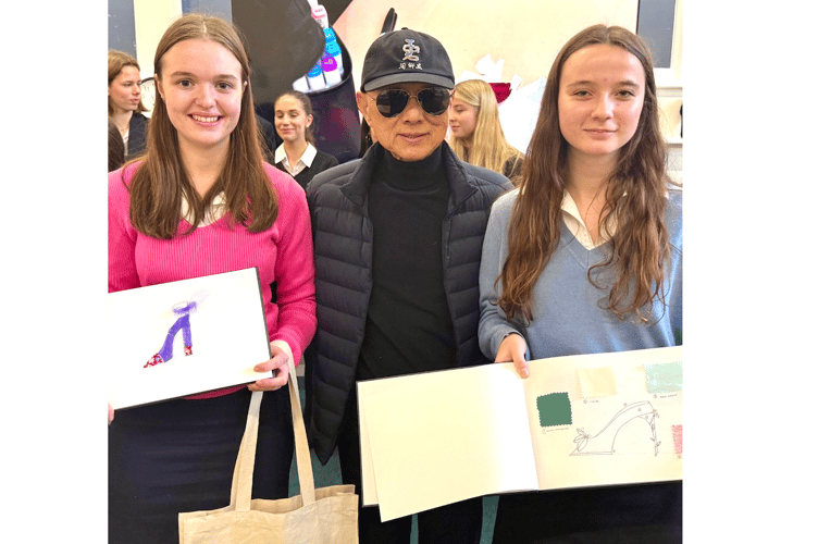 Jimmy Choo with two of the Monmouth School students at the workshop. Photos: Haberdashers Monmouth School