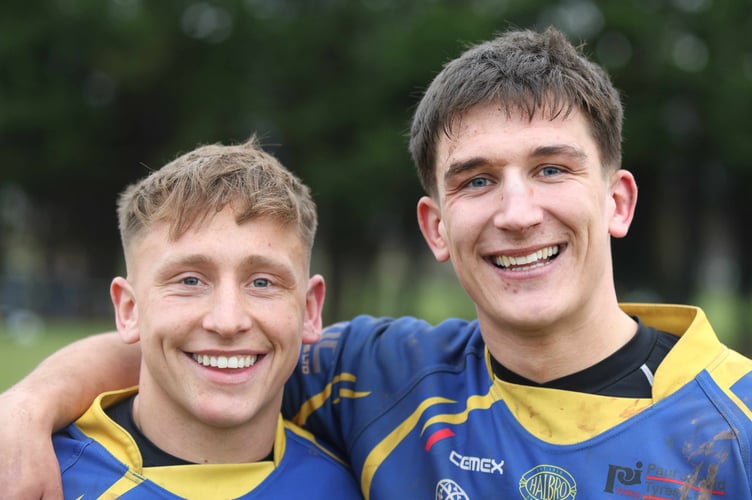 Monmouth's try scorers are all smiles after toppling top-of-the-table Abertillery to complete the double over their opponents. Photo: Gareth Roberts