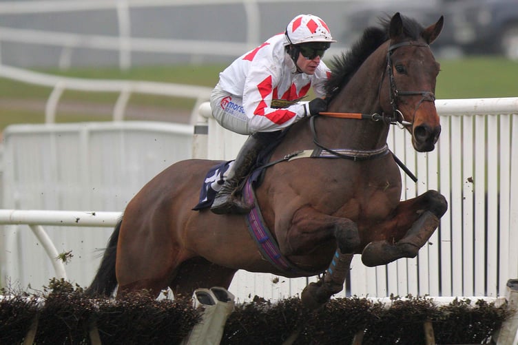Pure Blue clears the hurdle n the 2nd race at Chepstow on Sunday