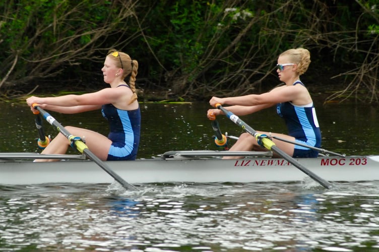 Monmouth Comprehensive's girls' double scull race to the line