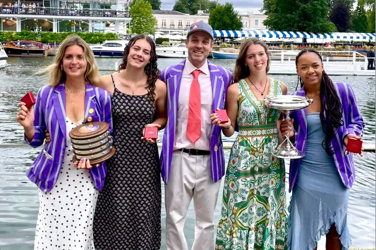 Eleanor Lawrence Preston (second from left) and the Wycliffe crew celebrate with the Diamond Jubilee Cup. Photo: Wycliffe Rowing