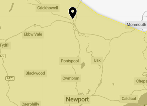 Yellow weather warning issued for Abergavenny and surrounding areas