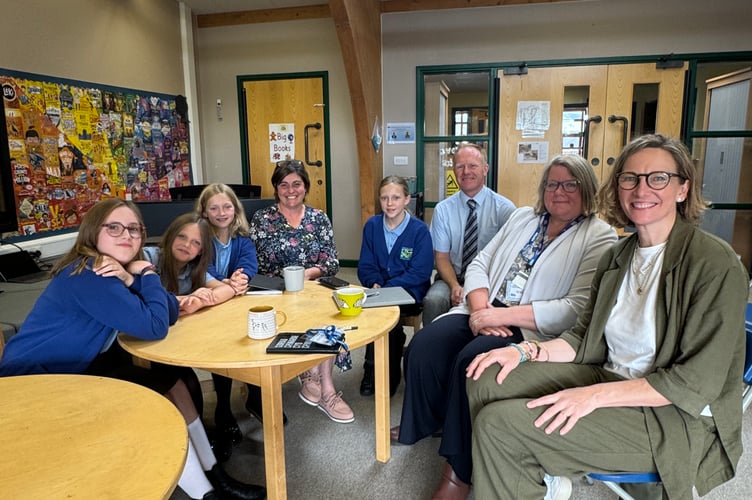 Catherine Fookes MP and Cllr Sara Burch at a meeting with Eco Council with Llanofist Primary School