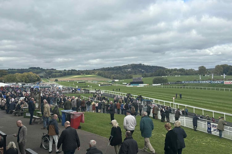 A panoramic view of Chepstow Racecourse captures the full layout.