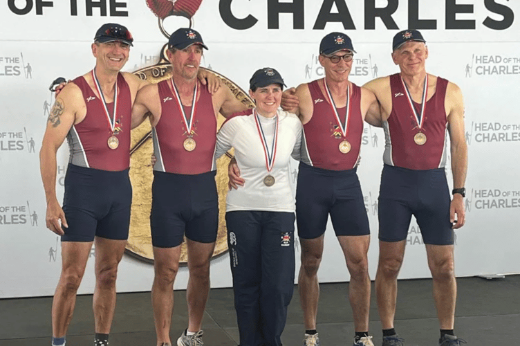 The Monmouth RC four celebrate the first ever win by a Welsh club  in the world's biggest rowing race, the Head of the Charles
