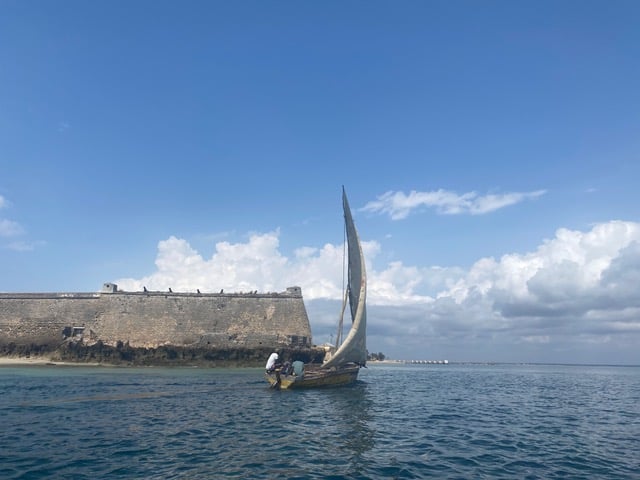 A dhow just in front of an old Portuguese fort on the Ilha de Moçambique which for centuries was the effective capital of Portuguese East Africa.