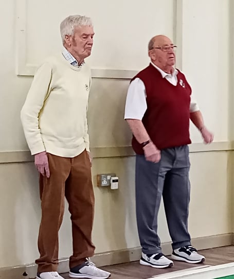 Usk captain Ralph Berry (right) steered his team to an 8-2 win over Little Mill, despite losing the pairs match to Bruce Tranter (left). Photo: Colin Berg.
