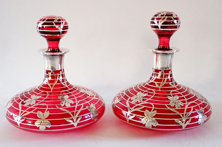 Pair of Silver & Cranberry Glass Scent Bottles